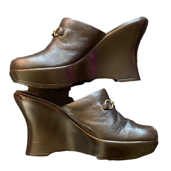 VINTAGE TOMMY GIRL Chunky Brown Leather Platform Mules Clogs Y2K 2000s Size 6 - Picture 3 of 8